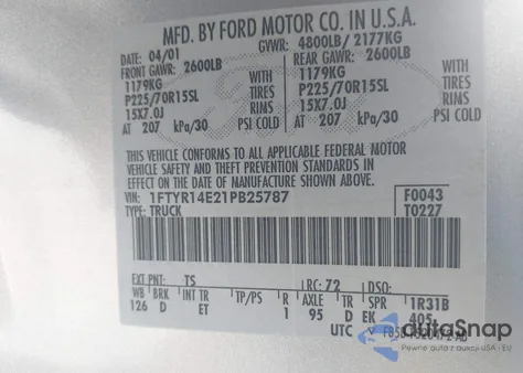 2001 Ford Ranger Edge/Xlt z USA, uszkodzony, nr VIN 1FTYR14E21PB25787